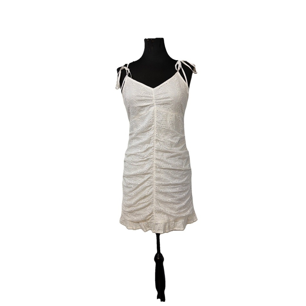 Hollister White Eyelet Mini Babydoll Rushed Ruffle Smocked Dress Sz M Cotton - Picture 1 of 6